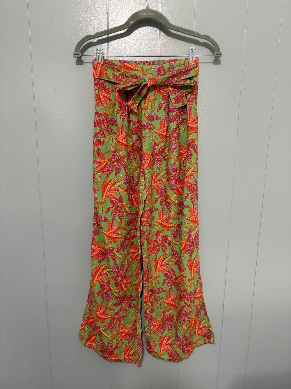 Midnight Sky Green Tropical Print Cotton Linen Blend Wide Leg Pull-on Pants S